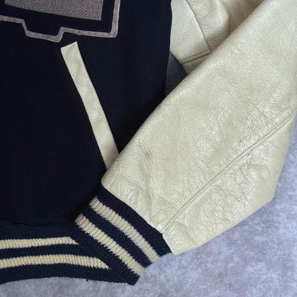 Varsity Bomber Jacket Navy Blue Empire Sporting Goods Leather Sleeve Letterman - Picture 4 of 7